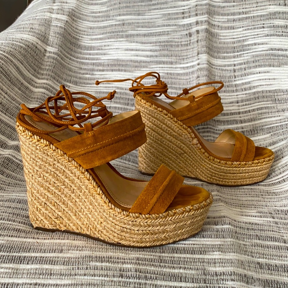 Tan suede Schuts strapped wedge